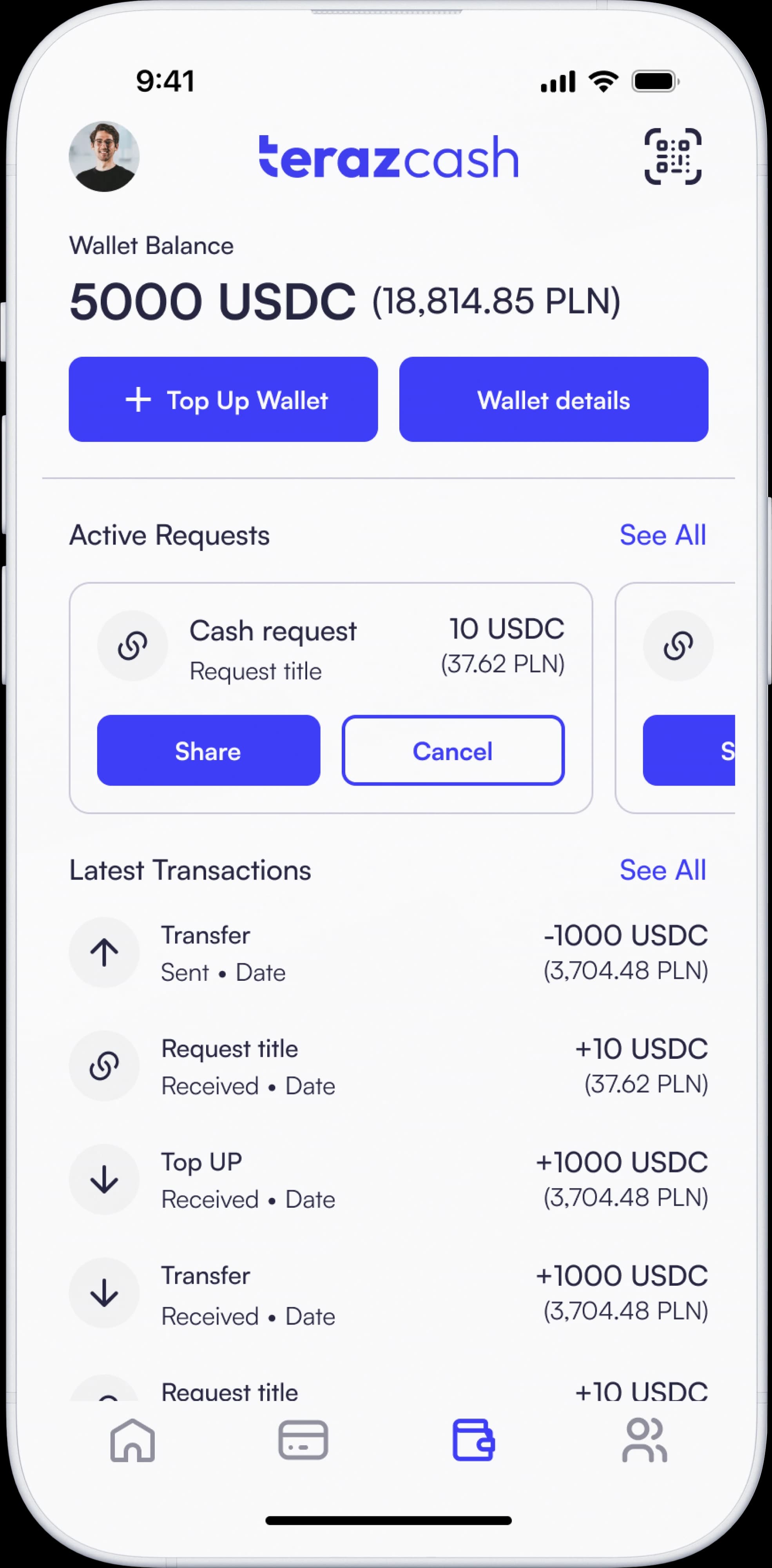 Digital wallet interface showing balance